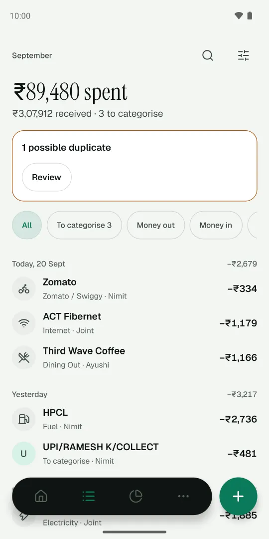 Activity screen: payments grouped by day, with a possible duplicate to review