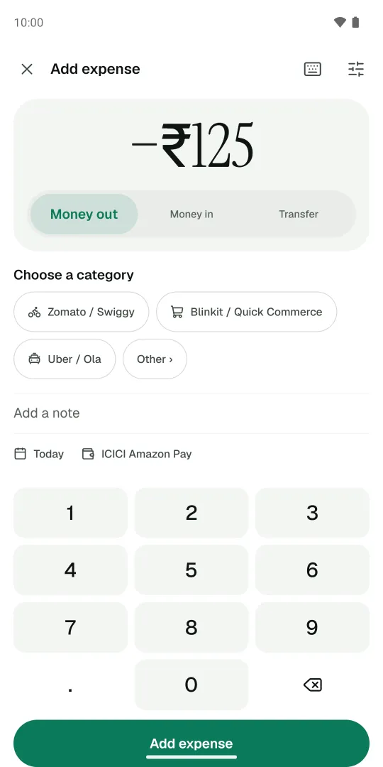 Add expense screen: ₹125, pick a category, then Add