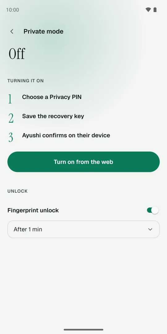 Private mode screen: choose a PIN, save the recovery key, and turn on fingerprint unlock