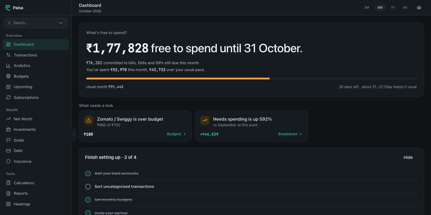 Paisa's home screen: how much is free to spend until the end of the month, what needs a look, and a setup checklist